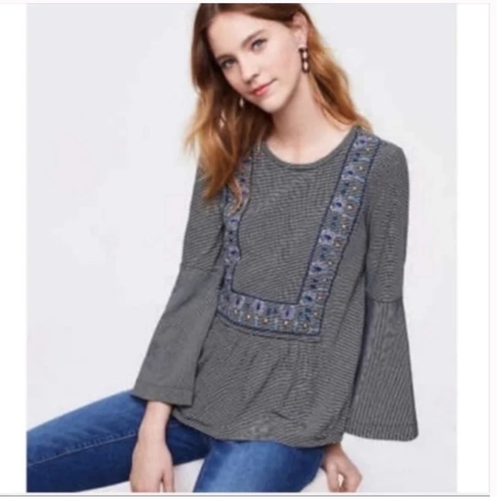 LOFT Boho Bell Sleeve Embroidered Striped Top